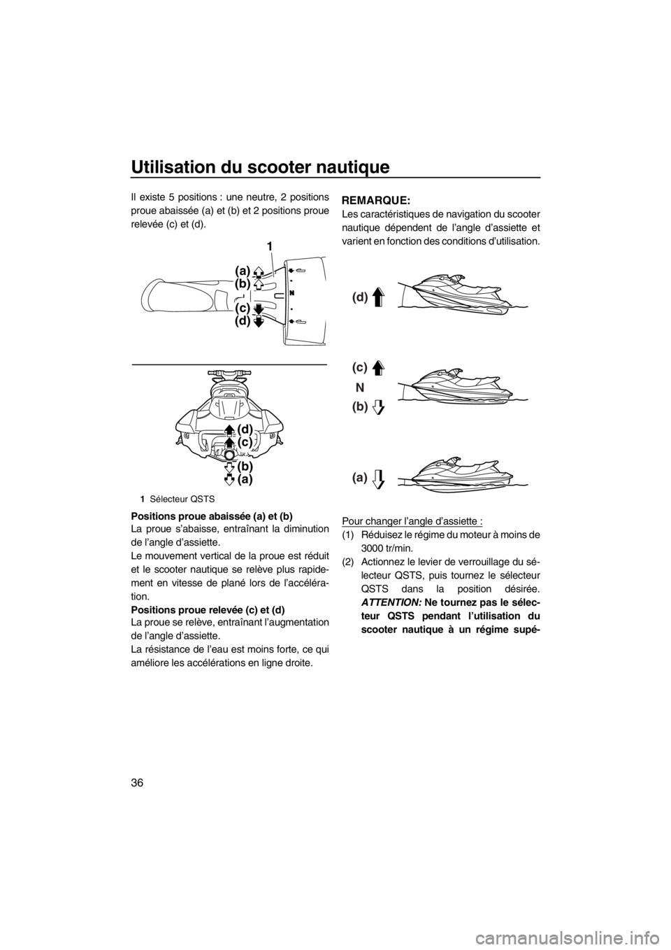 YAMAHA FX SHO 2012 Notices Demploi (in French) Utilisation du scooter nautique
36
Il existe 5 positions : une neutre, 2 positions
proue abaissée (a) et (b) et 2 positions proue
relevée (c) et (d).
Positions proue abaissée (a) et (b)
La proue s YAMAHA FX SHO 2012 Notices Demploi (in French) Utilisation du scooter nautique
36
Il existe 5 positions : une neutre, 2 positions
proue abaissée (a) et (b) et 2 positions proue
relevée (c) et (d).
Positions proue abaissée (a) et (b)
La proue s