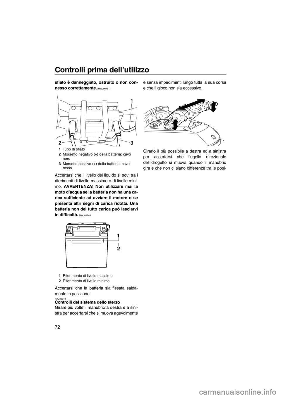 YAMAHA FX SHO 2012  Manuale duso (in Italian) Controlli prima dell’utilizzo
72
sfiato è danneggiato, ostruito o non con-
nesso correttamente.
 [HWJ00451]
Accertarsi che il livello del liquido si trovi tra i
riferimenti di livello massimo e di 
