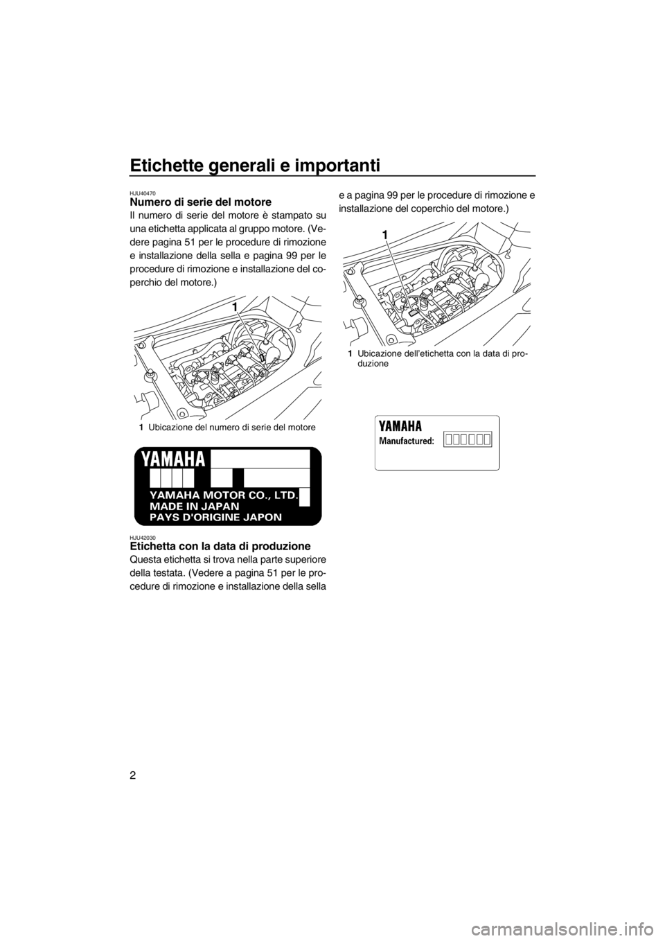 YAMAHA FX SHO 2012  Manuale duso (in Italian) Etichette generali e importanti
2
HJU40470Numero di serie del motore 
Il numero di serie del motore è stampato su
una etichetta applicata al gruppo motore. (Ve-
dere pagina 51 per le procedure di rim