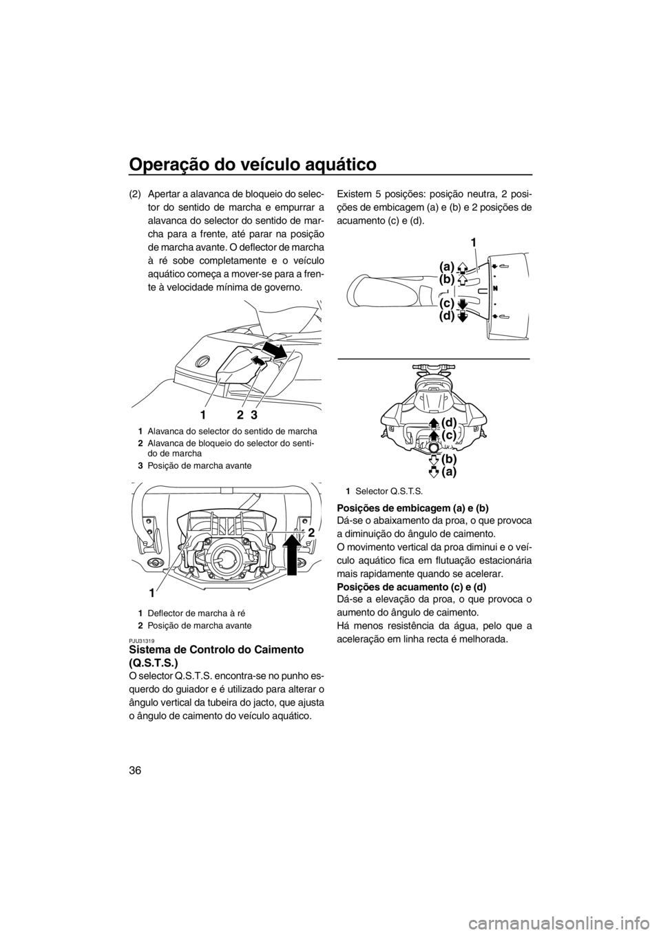YAMAHA FX SHO 2012  Manual de utilização (in Portuguese) Operação do veículo aquático
36
(2) Apertar a alavanca de bloqueio do selec-
tor do sentido de marcha e empurrar a
alavanca do selector do sentido de mar-
cha para a frente, até parar na posiçã