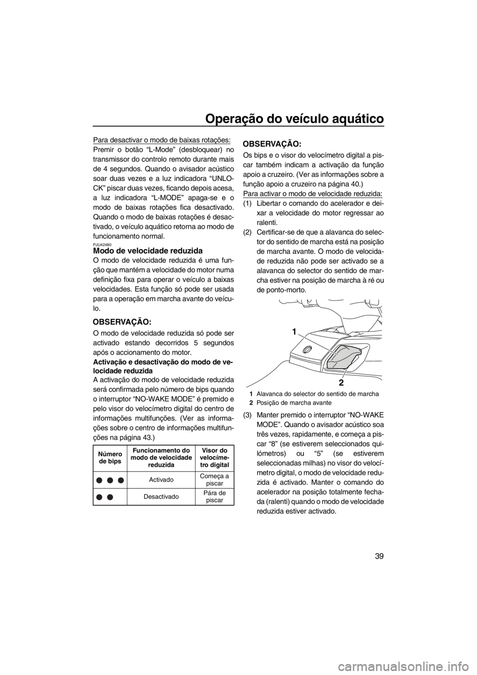YAMAHA FX SHO 2012  Manual de utilização (in Portuguese) Operação do veículo aquático
39
Para desactivar o modo de baixas rotações:
Premir o botão “L-Mode” (desbloquear) no
transmissor do controlo remoto durante mais
de 4 segundos. Quando o avisa