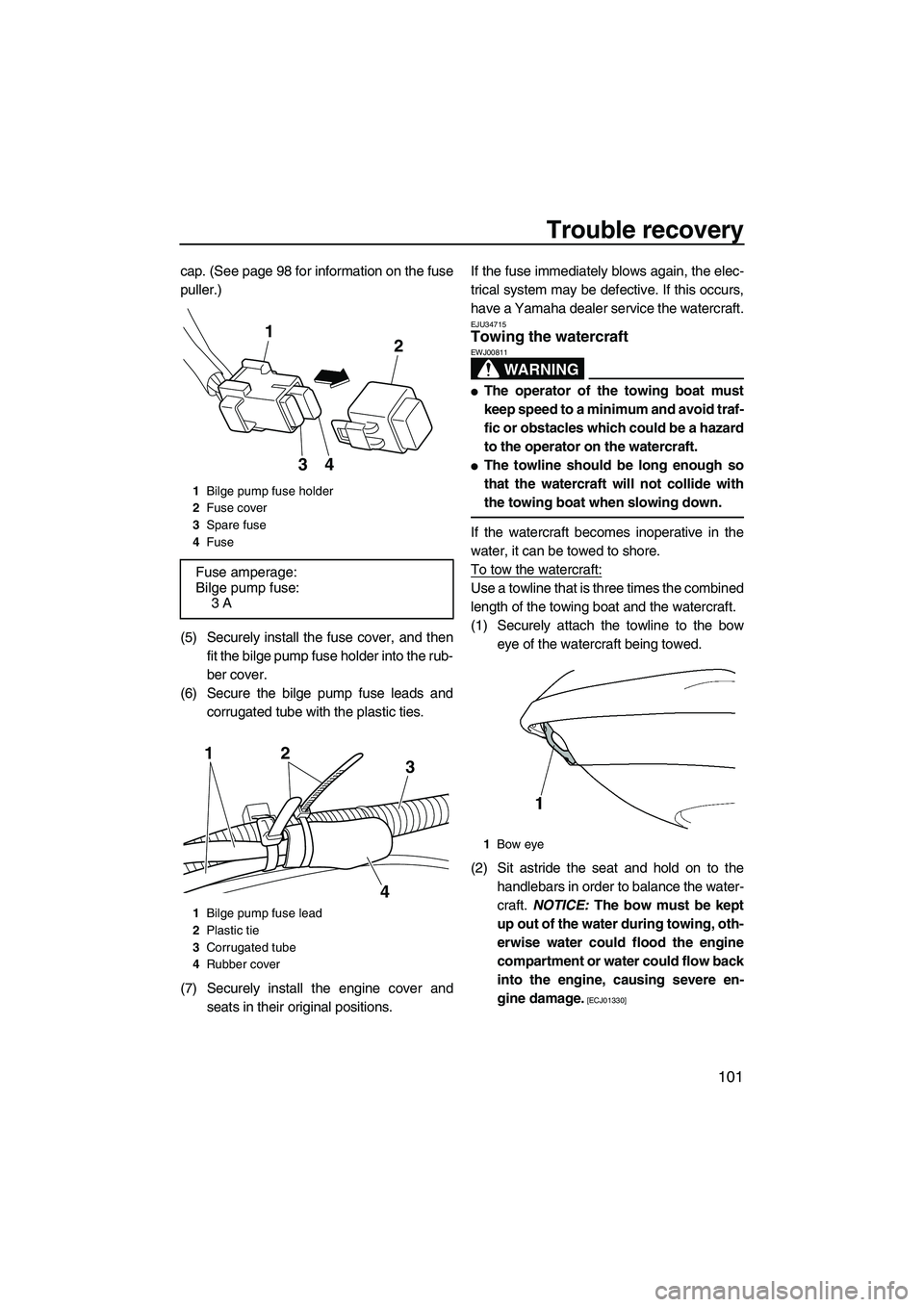 YAMAHA FX SHO 2011  Owners Manual Trouble recovery
101
cap. (See page 98 for information on the fuse
puller.)
(5) Securely install the fuse cover, and then
fit the bilge pump fuse holder into the rub-
ber cover.
(6) Secure the bilge p