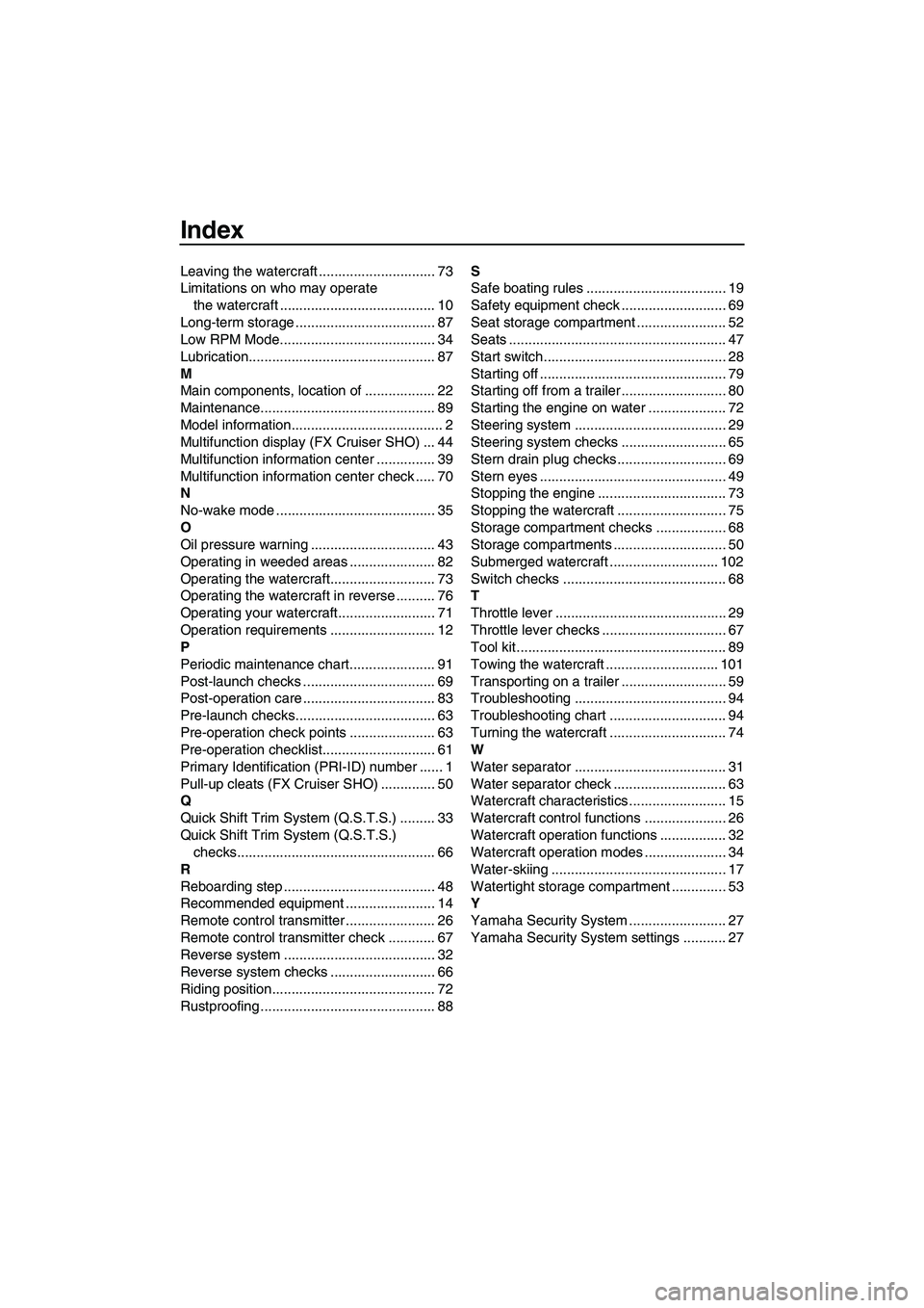 YAMAHA SVHO 2011  Owners Manual Index
Leaving the watercraft .............................. 73
Limitations on who may operate 
the watercraft ........................................ 10
Long-term storage ............................