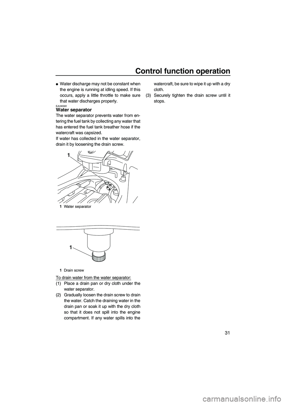 YAMAHA SVHO 2011 Owners Guide Control function operation
31
Water discharge may not be constant when
the engine is running at idling speed. If this
occurs, apply a little throttle to make sure
that water discharges properly.
EJU4