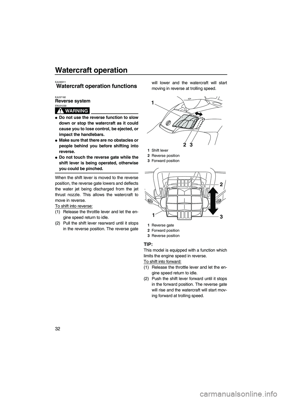 YAMAHA FX SHO 2011 Owners Guide Watercraft operation
32
EJU40011
Watercraft operation functions 
EJU37182Reverse system 
WARNING
EWJ01230
Do not use the reverse function to slow
down or stop the watercraft as it could
cause you to 