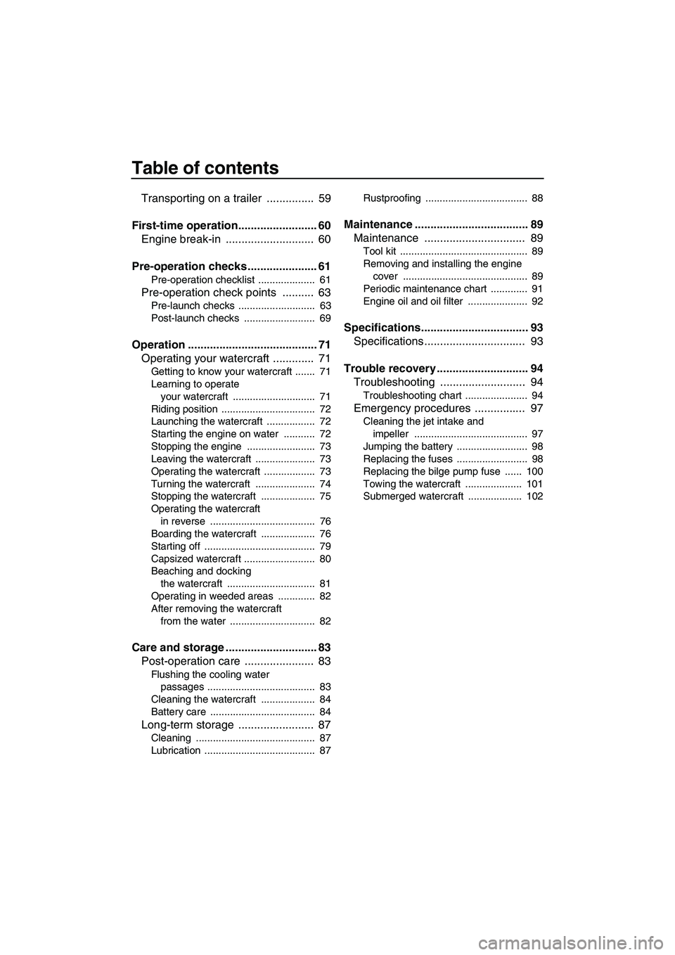 YAMAHA SVHO 2011  Owners Manual Table of contents
Transporting on a trailer  ...............  59
First-time operation......................... 60
Engine break-in  ............................  60
Pre-operation checks ...............