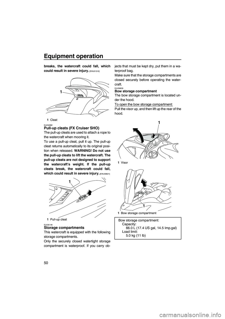 YAMAHA SVHO 2011  Owners Manual Equipment operation
50
breaks, the watercraft could fall, which
could result in severe injury.
 [EWJ01510]
EJU34892
Pull-up cleats (FX Cruiser SHO) 
The pull-up cleats are used to attach a rope to
the