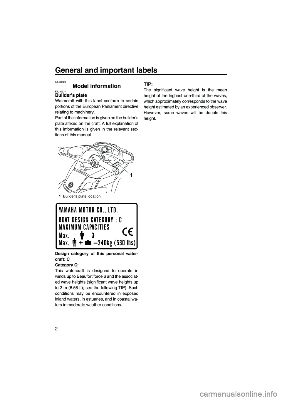 YAMAHA FX SHO 2011 Owners Manual General and important labels
2
EJU30320
Model information EJU30331Builder’s plate
Watercraft with this label conform to certain
portions of the European Parliament directive
relating to machinery.
YAMAHA FX SHO 2011 Owners Manual General and important labels
2
EJU30320
Model information EJU30331Builder’s plate
Watercraft with this label conform to certain
portions of the European Parliament directive
relating to machinery.