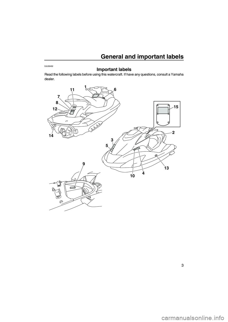 YAMAHA SVHO 2011  Owners Manual General and important labels
3
EJU30452
Important labels 
Read the following labels before using this watercraft. If have any questions, consult a Yamaha
dealer.
14
1287111
6
4
9
132
3
5
10
15
UF1W73E