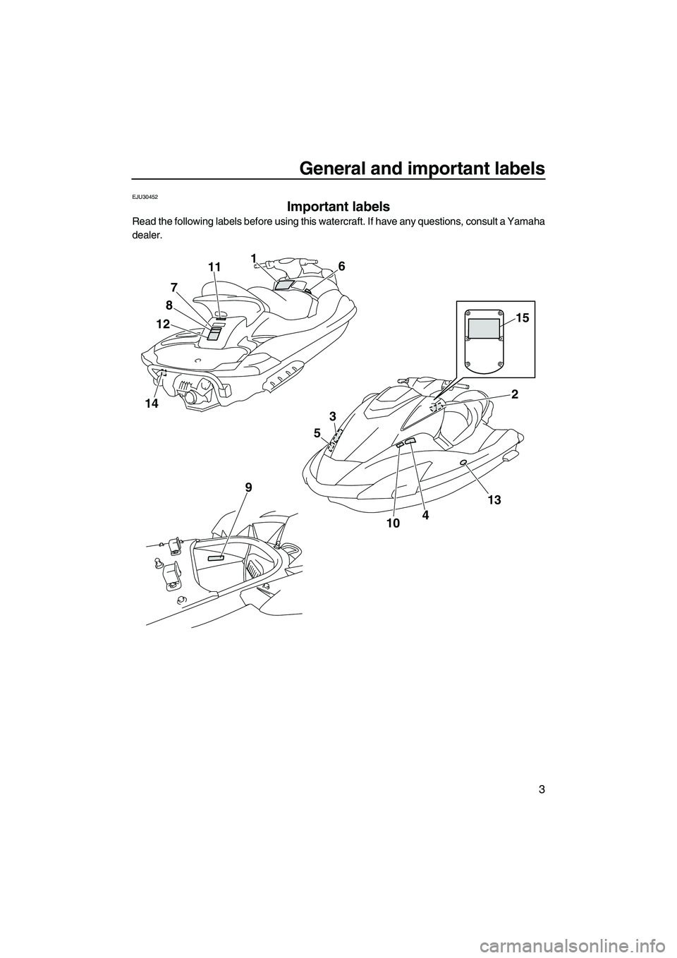 YAMAHA FX SHO 2011 Owners Manual General and important labels
3
EJU30452
Important labels
Read the following labels before using this watercraft. If have any questions, consult a Yamaha
dealer.
14
1287111
6
4
9
132
3
5
10
15
UF1W73E YAMAHA FX SHO 2011 Owners Manual General and important labels
3
EJU30452
Important labels
Read the following labels before using this watercraft. If have any questions, consult a Yamaha
dealer.
14
1287111
6
4
9
132
3
5
10
15
UF1W73E
