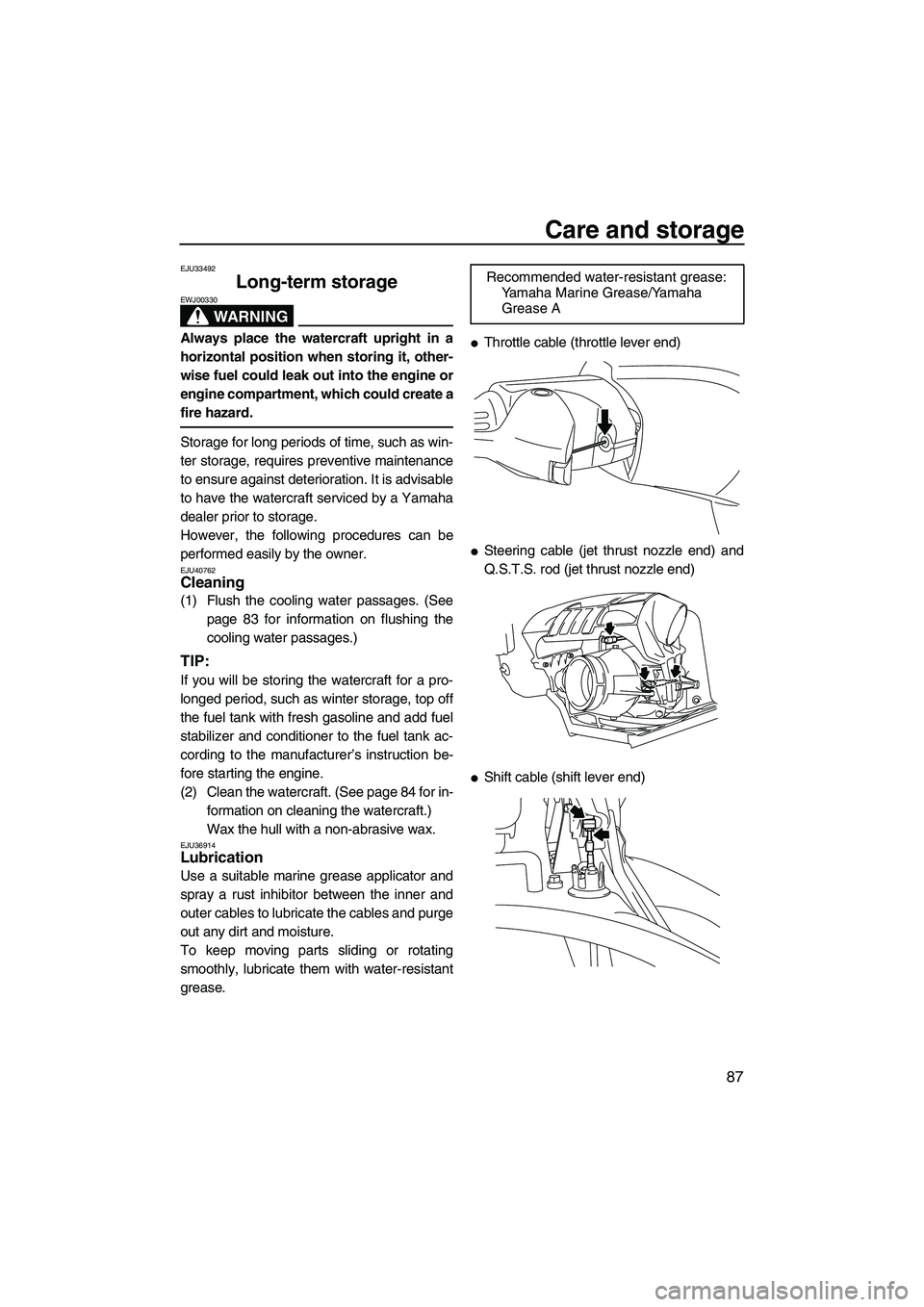 YAMAHA SVHO 2011  Owners Manual Care and storage
87
EJU33492
Long-term storage 
WARNING
EWJ00330
Always place the watercraft upright in a
horizontal position when storing it, other-
wise fuel could leak out into the engine or
engine