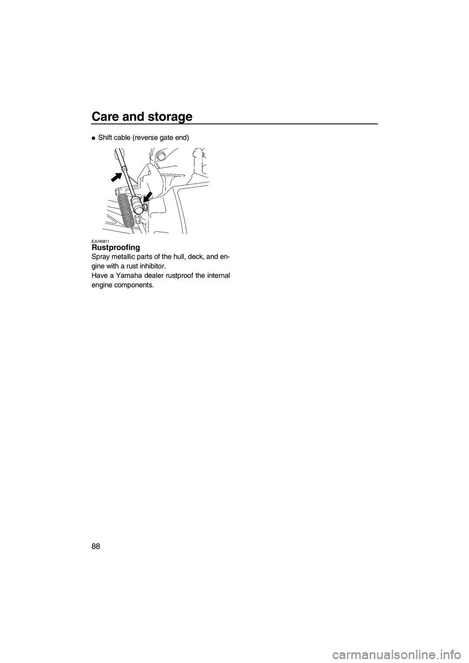 YAMAHA SVHO 2011  Owners Manual Care and storage
88
Shift cable (reverse gate end)
EJU40811Rustproofing 
Spray metallic parts of the hull, deck, and en-
gine with a rust inhibitor.
Have a Yamaha dealer rustproof the internal
engine
