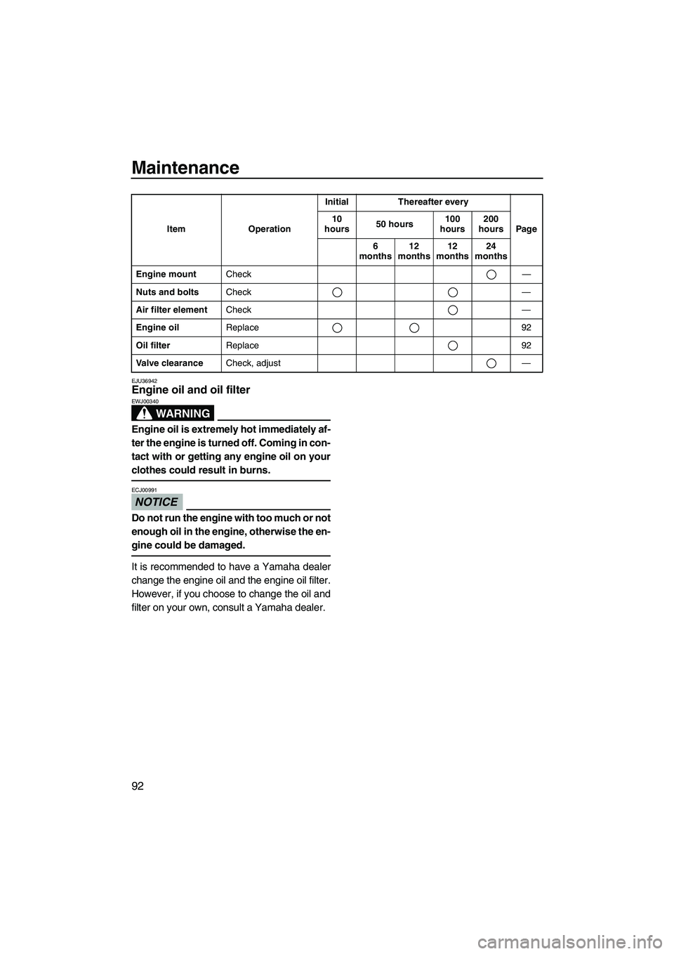 YAMAHA SVHO 2011  Owners Manual Maintenance
92
EJU36942Engine oil and oil filter 
WARNING
EWJ00340
Engine oil is extremely hot immediately af-
ter the engine is turned off. Coming in con-
tact with or getting any engine oil on your
