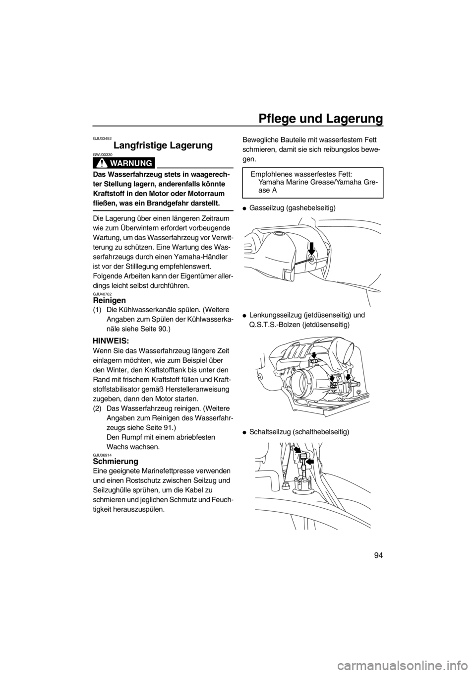 YAMAHA SVHO 2011  Betriebsanleitungen (in German) Pflege und Lagerung
94
GJU33492
Langfristige Lagerung 
WARNUNG
GWJ00330
Das Wasserfahrzeug stets in waagerech-
ter Stellung lagern, anderenfalls könnte 
Kraftstoff in den Motor oder Motorraum 
fließ