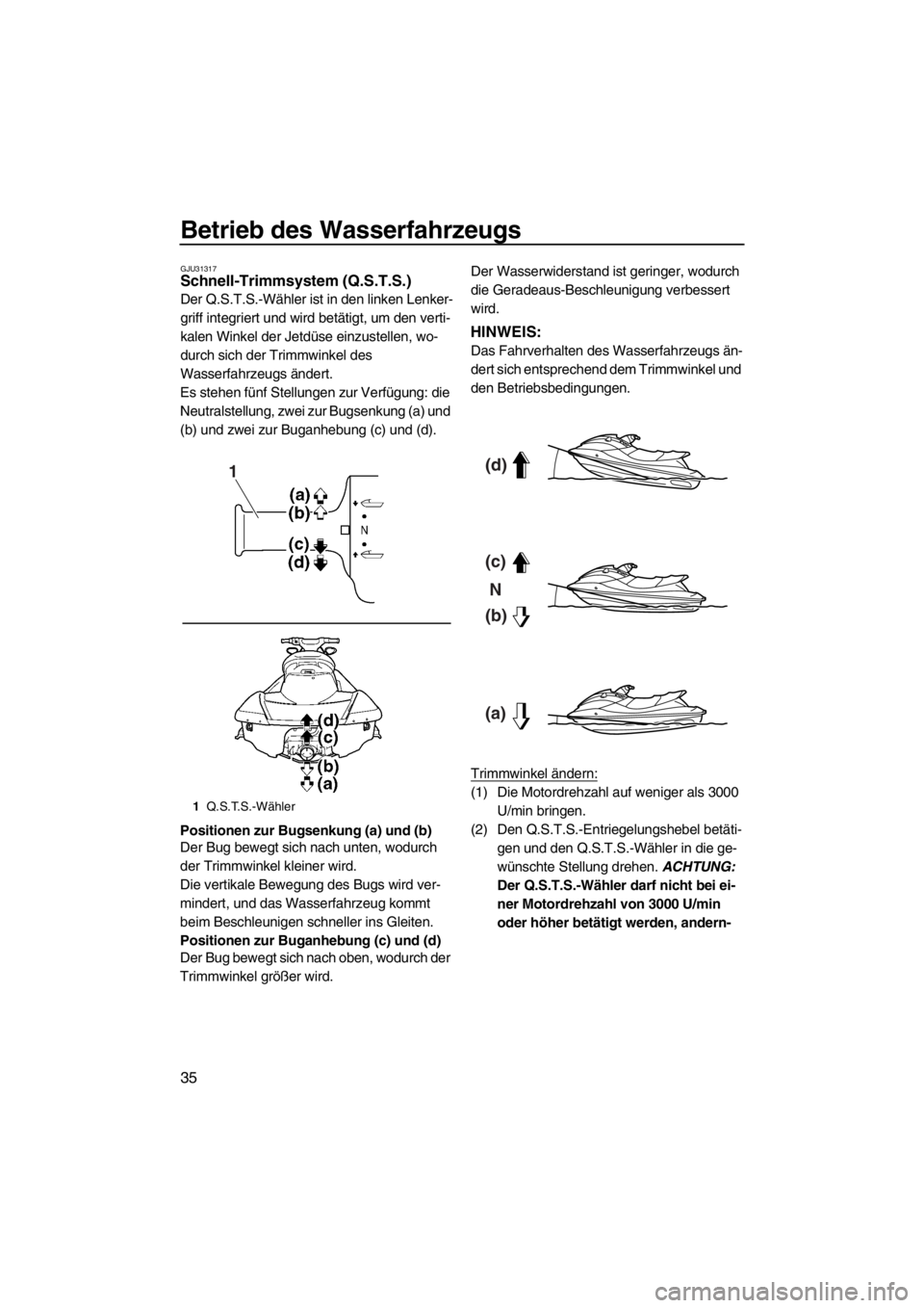YAMAHA SVHO 2011  Betriebsanleitungen (in German) Betrieb des Wasserfahrzeugs
35
GJU31317Schnell-Trimmsystem (Q.S.T.S.) 
Der Q.S.T.S.-Wähler ist in den linken Lenker-
griff integriert und wird betätigt, um den verti-
kalen Winkel der Jetdüse einzu