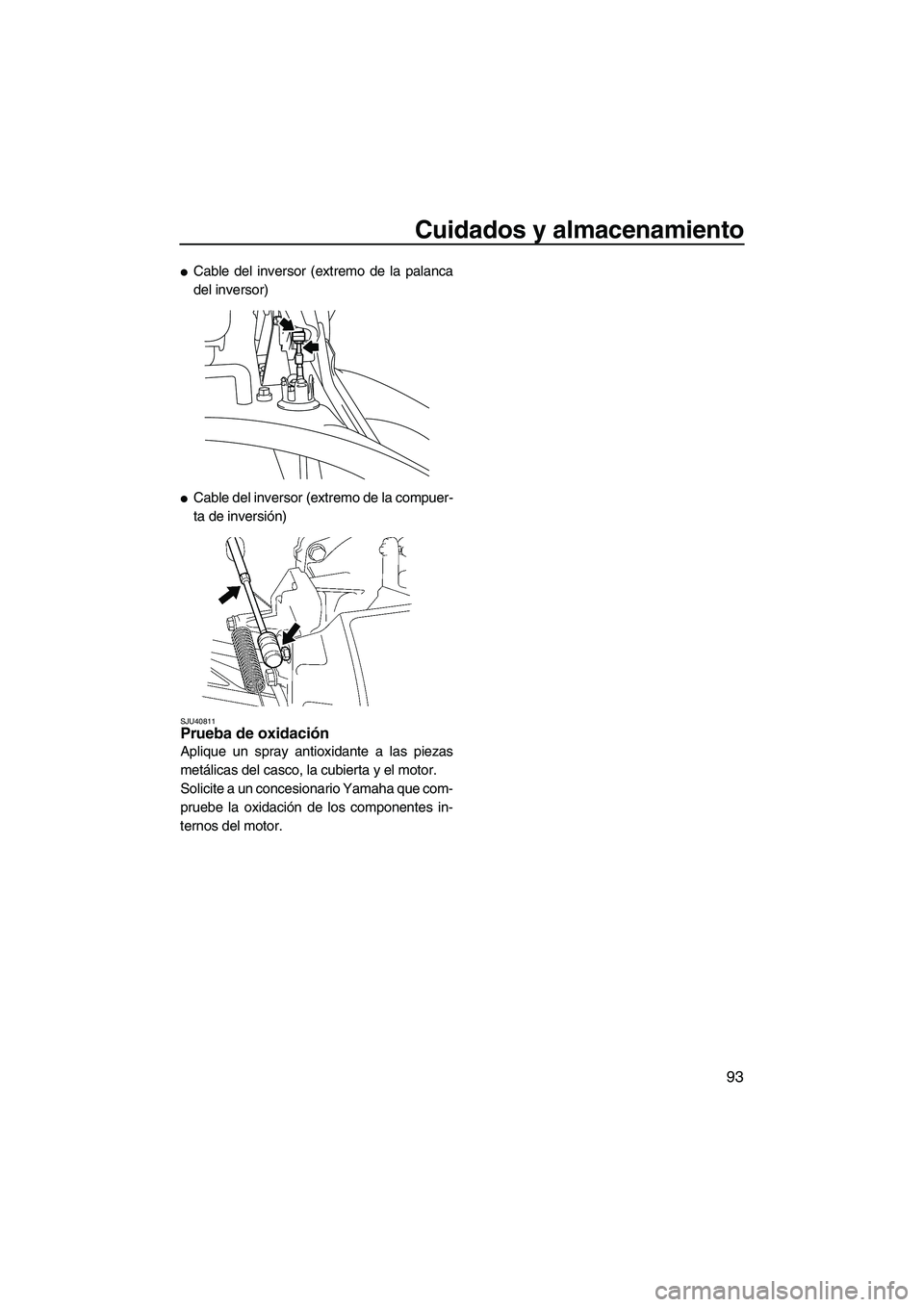 YAMAHA SVHO 2011  Manuale de Empleo (in Spanish) Cuidados y almacenamiento
93
Cable del inversor (extremo de la palanca
del inversor)
Cable del inversor (extremo de la compuer-
ta de inversión)
SJU40811Prueba de oxidación 
Aplique un spray antio