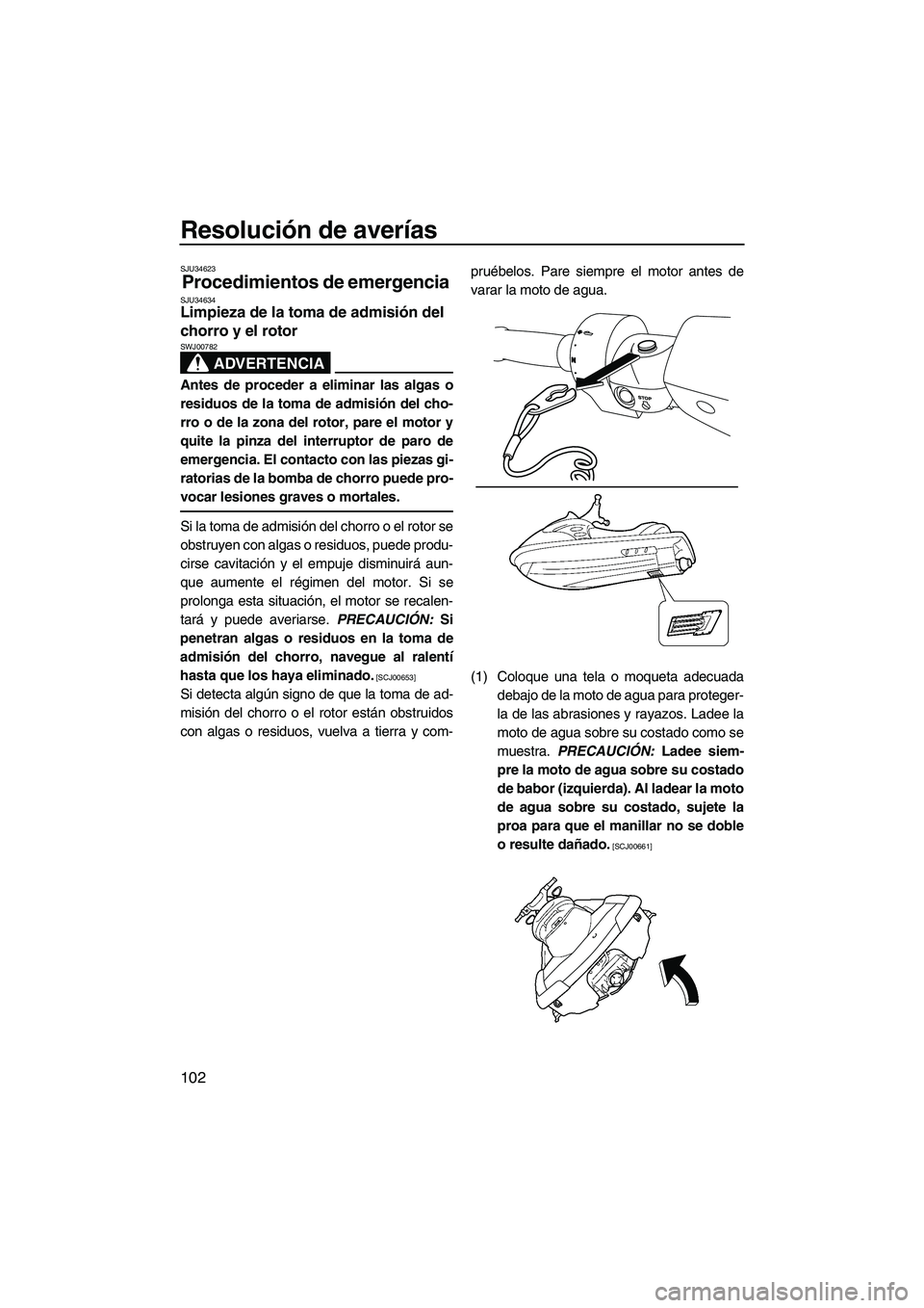 YAMAHA SVHO 2011  Manuale de Empleo (in Spanish) Resolución de averías
102
SJU34623
Procedimientos de emergencia SJU34634Limpieza de la toma de admisión del 
chorro y el rotor 
ADVERTENCIA
SWJ00782
Antes de proceder a eliminar las algas o
residuo