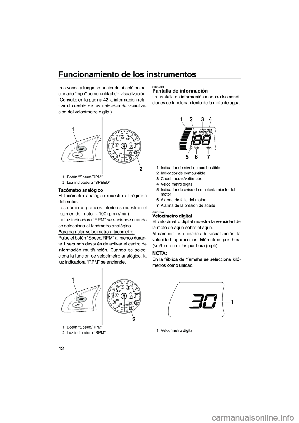 YAMAHA SVHO 2011  Manuale de Empleo (in Spanish) Funcionamiento de los instrumentos
42
tres veces y luego se enciende si está selec-
cionado “mph” como unidad de visualización.
(Consulte en la página 42 la información rela-
tiva al cambio de