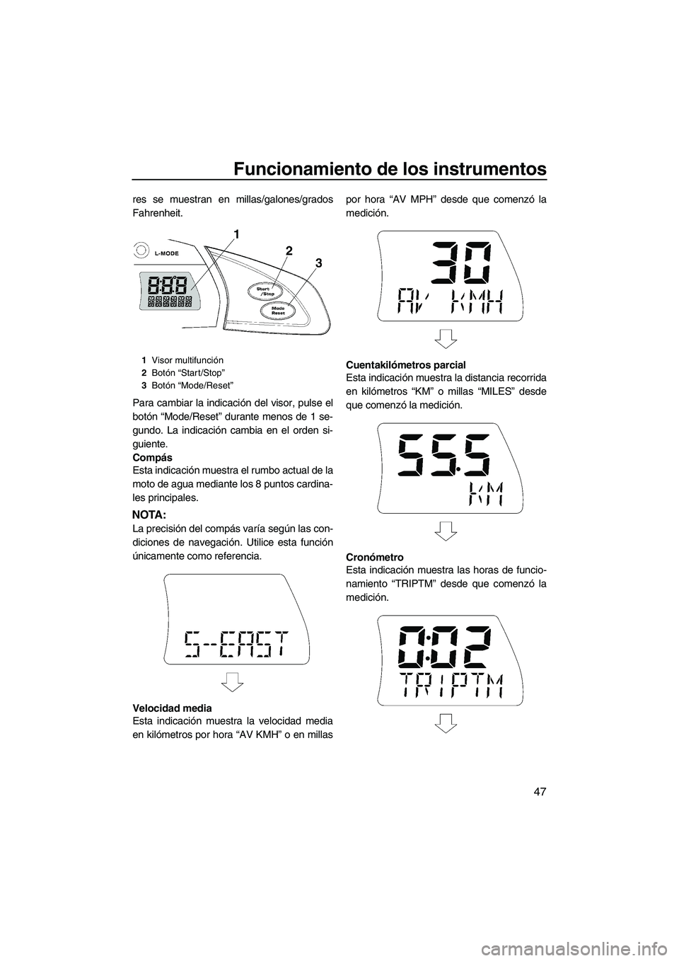 YAMAHA SVHO 2011 Manuale de Empleo (in Spanish) Funcionamiento de los instrumentos
47
res se muestran en millas/galones/grados
Fahrenheit.
Para cambiar la indicación del visor, pulse el
botón “Mode/Reset” durante menos de 1 se-
gundo. La indi YAMAHA SVHO 2011 Manuale de Empleo (in Spanish) Funcionamiento de los instrumentos
47
res se muestran en millas/galones/grados
Fahrenheit.
Para cambiar la indicación del visor, pulse el
botón “Mode/Reset” durante menos de 1 se-
gundo. La indi
