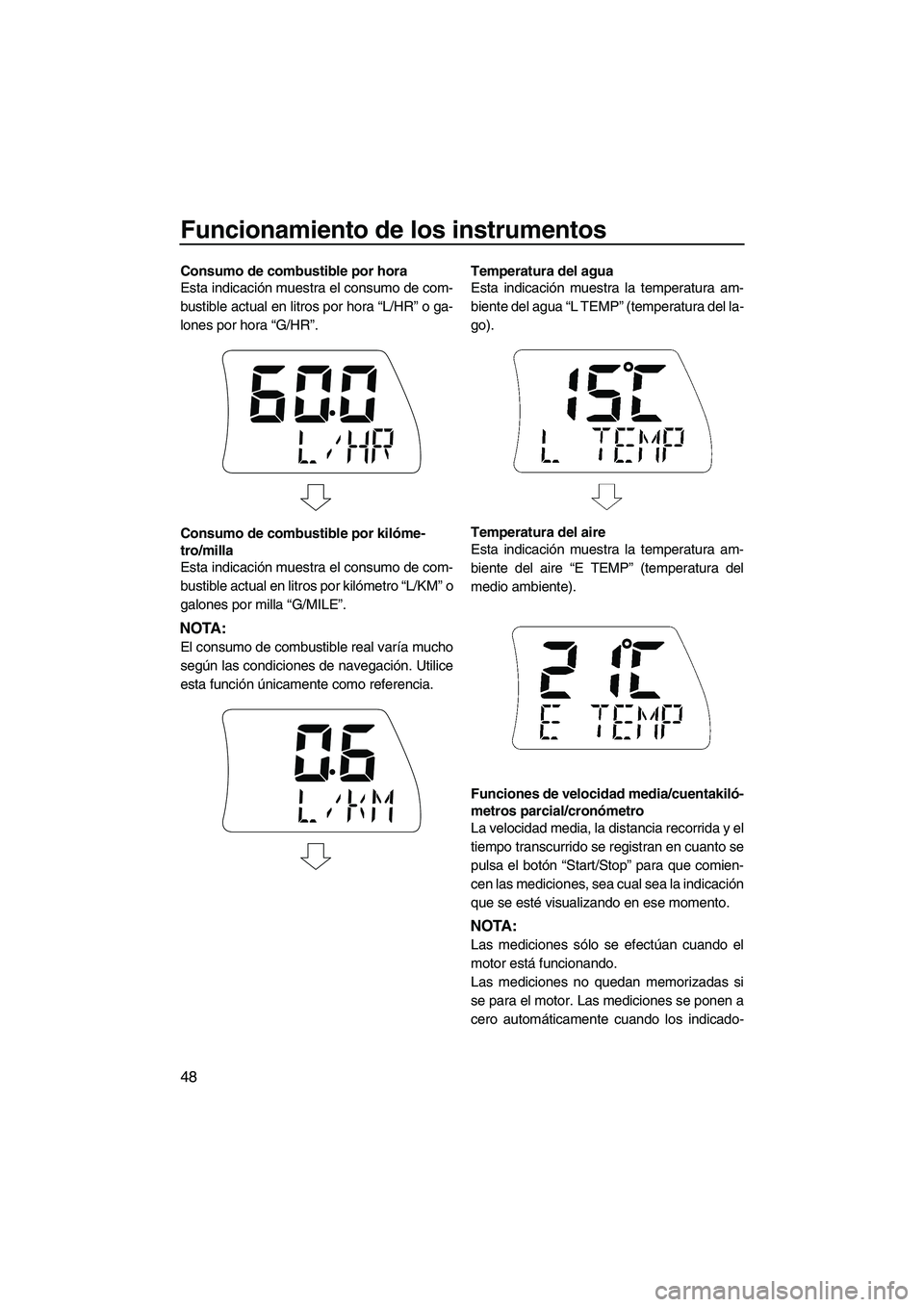 YAMAHA SVHO 2011 Manuale de Empleo (in Spanish) Funcionamiento de los instrumentos
48
Consumo de combustible por hora
Esta indicación muestra el consumo de com-
bustible actual en litros por hora “L/HR” o ga-
lones por hora “G/HR”.
Consumo YAMAHA SVHO 2011 Manuale de Empleo (in Spanish) Funcionamiento de los instrumentos
48
Consumo de combustible por hora
Esta indicación muestra el consumo de com-
bustible actual en litros por hora “L/HR” o ga-
lones por hora “G/HR”.
Consumo