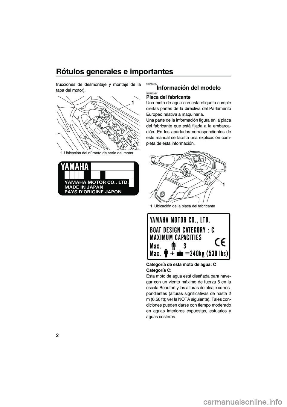 YAMAHA SVHO 2011 Manuale de Empleo (in Spanish) Rótulos generales e importantes
2
trucciones de desmontaje y montaje de la
tapa del motor).SJU30320
Información del modelo SJU30331Placa del fabricante
Una moto de agua con esta etiqueta cumple
cie YAMAHA SVHO 2011 Manuale de Empleo (in Spanish) Rótulos generales e importantes
2
trucciones de desmontaje y montaje de la
tapa del motor).SJU30320
Información del modelo SJU30331Placa del fabricante
Una moto de agua con esta etiqueta cumple
cie