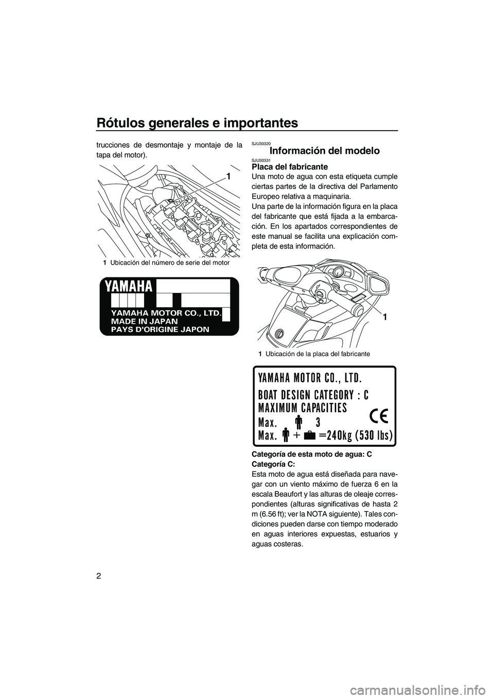 YAMAHA SVHO CRUISER 2011  Manuale de Empleo (in Spanish) Rótulos generales e importantes
2
trucciones de desmontaje y montaje de la
tapa del motor).SJU30320
Información del modelo SJU30331Placa del fabricante 
Una moto de agua con esta etiqueta cumple
cie