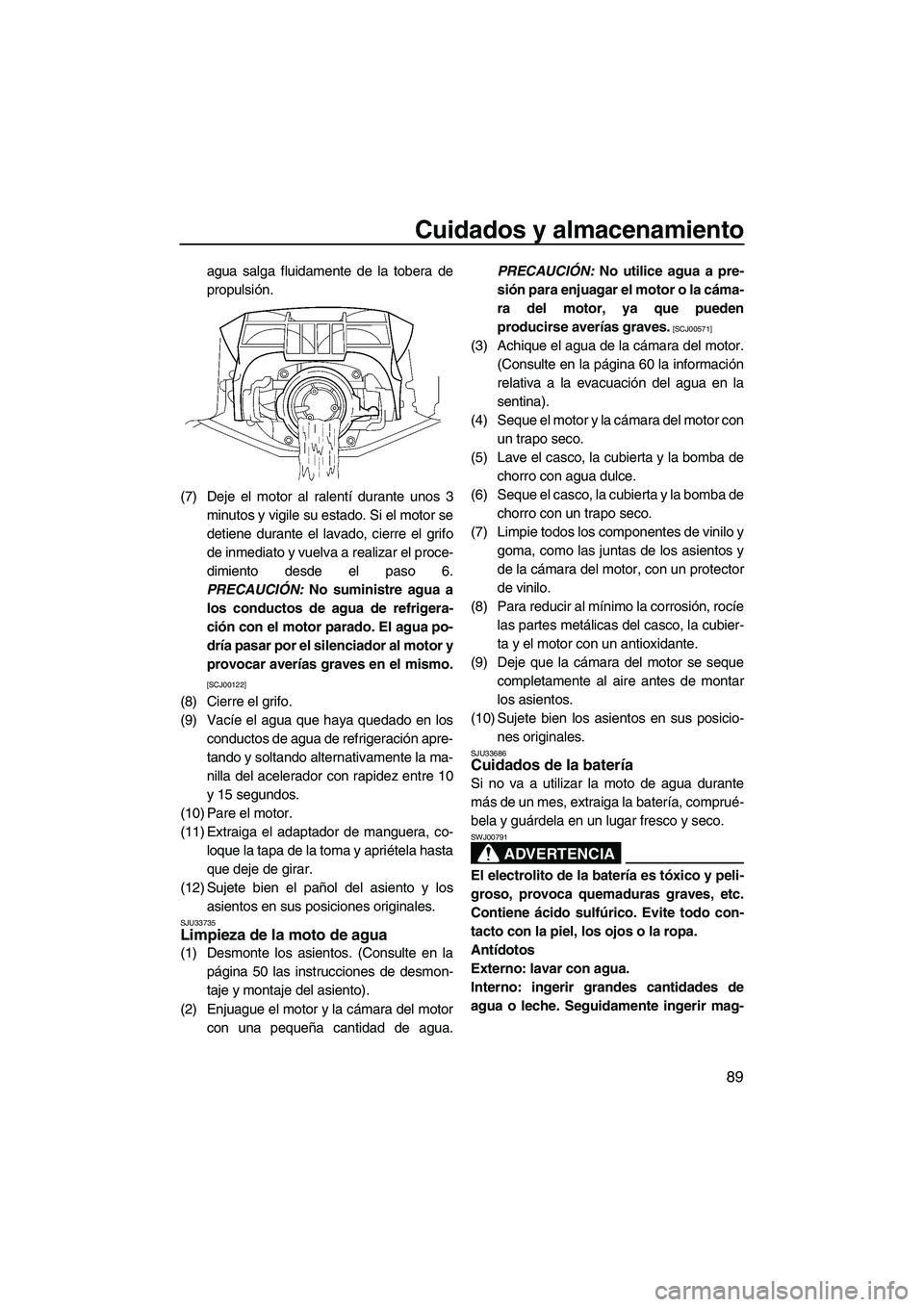 YAMAHA SVHO 2011 Manuale de Empleo (in Spanish) Cuidados y almacenamiento
89
agua salga fluidamente de la tobera de
propulsión.
(7) Deje el motor al ralentí durante unos 3
minutos y vigile su estado. Si el motor se
detiene durante el lavado, cier YAMAHA SVHO 2011 Manuale de Empleo (in Spanish) Cuidados y almacenamiento
89
agua salga fluidamente de la tobera de
propulsión.
(7) Deje el motor al ralentí durante unos 3
minutos y vigile su estado. Si el motor se
detiene durante el lavado, cier