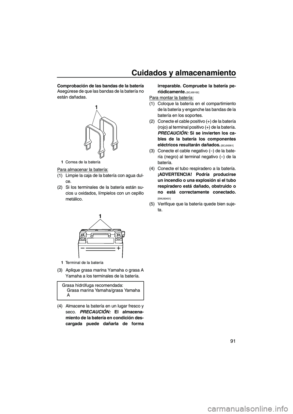 YAMAHA SVHO 2011 Manuale de Empleo (in Spanish) Cuidados y almacenamiento
91
Comprobación de las bandas de la batería
Asegúrese de que las bandas de la batería no
están dañadas.
Para almacenar la batería:
(1) Limpie la caja de la batería co YAMAHA SVHO 2011 Manuale de Empleo (in Spanish) Cuidados y almacenamiento
91
Comprobación de las bandas de la batería
Asegúrese de que las bandas de la batería no
están dañadas.
Para almacenar la batería:
(1) Limpie la caja de la batería co