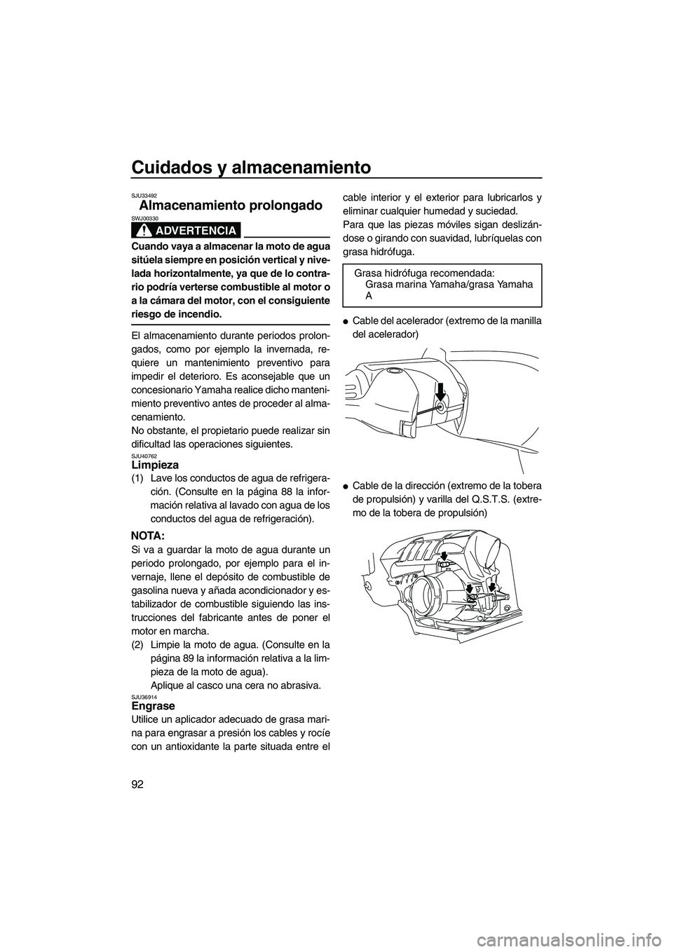 YAMAHA SVHO 2011 Manuale de Empleo (in Spanish) Cuidados y almacenamiento
92
SJU33492
Almacenamiento prolongado
ADVERTENCIA
SWJ00330
Cuando vaya a almacenar la moto de agua
sitúela siempre en posición vertical y nive-
lada horizontalmente, ya qu YAMAHA SVHO 2011 Manuale de Empleo (in Spanish) Cuidados y almacenamiento
92
SJU33492
Almacenamiento prolongado
ADVERTENCIA
SWJ00330
Cuando vaya a almacenar la moto de agua
sitúela siempre en posición vertical y nive-
lada horizontalmente, ya qu