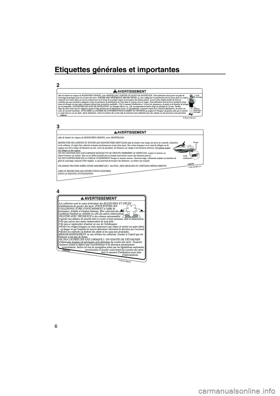 YAMAHA SVHO CRUISER 2011  Notices Demploi (in French) Etiquettes générales et importantes
6
UF1W73F0.book  Page 6  Wednesday, June 16, 2010  1:24 PM 