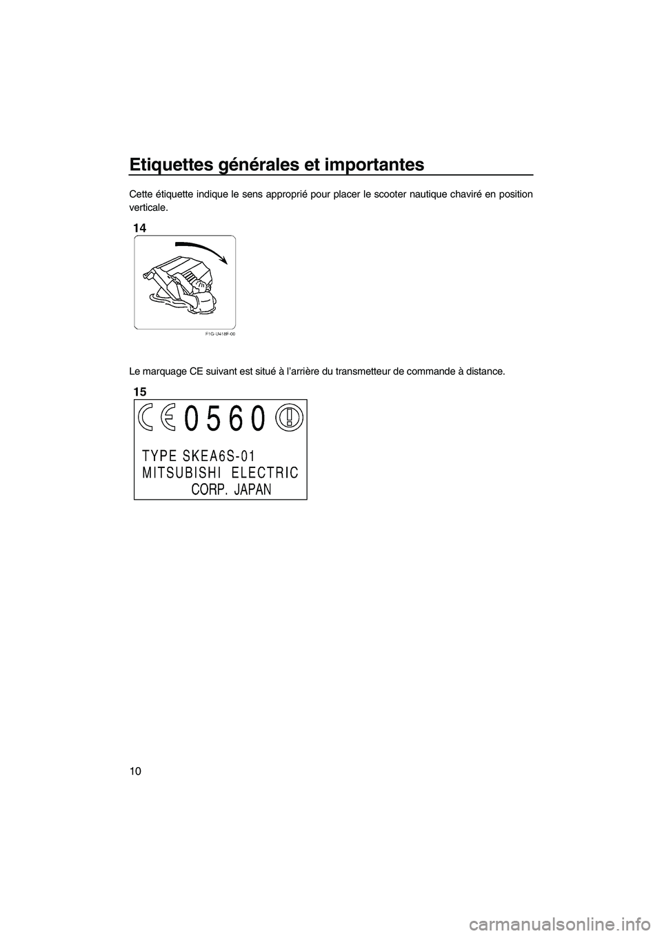 YAMAHA SVHO CRUISER 2011  Notices Demploi (in French) Etiquettes générales et importantes
10
Cette étiquette indique le sens approprié pour placer le scooter nautique chaviré en position
verticale.
Le marquage CE suivant est situé à l’arrière d
