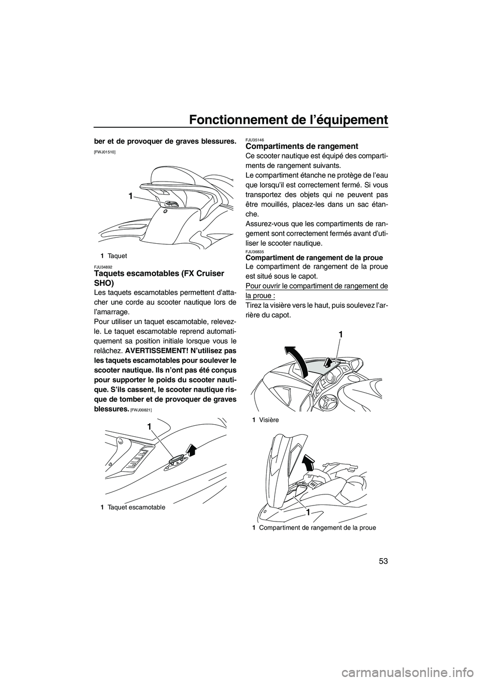YAMAHA SVHO 2011  Notices Demploi (in French) Fonctionnement de l’équipement
53
ber et de provoquer de graves blessures.
[FWJ01510]
FJU34892
Taquets escamotables (FX Cruiser 
SHO) 
Les taquets escamotables permettent d’atta-
cher une corde a