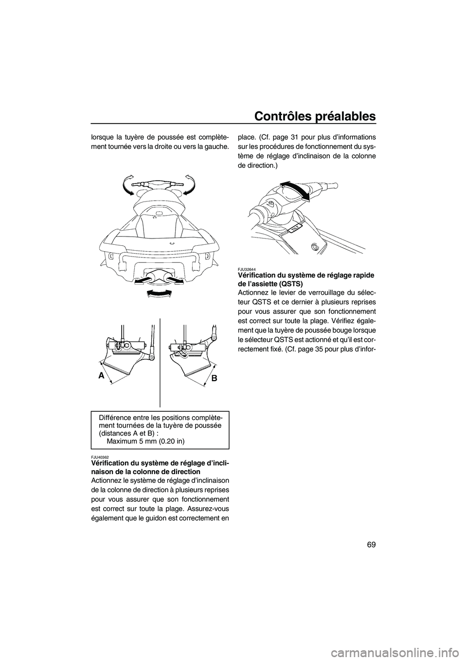 YAMAHA SVHO 2011 Notices Demploi (in French) Contrôles préalables
69
lorsque la tuyère de poussée est complète-
ment tournée vers la droite ou vers la gauche.
FJU40362Vérification du système de réglage d’incli-
naison de la colonne de YAMAHA SVHO 2011 Notices Demploi (in French) Contrôles préalables
69
lorsque la tuyère de poussée est complète-
ment tournée vers la droite ou vers la gauche.
FJU40362Vérification du système de réglage d’incli-
naison de la colonne de