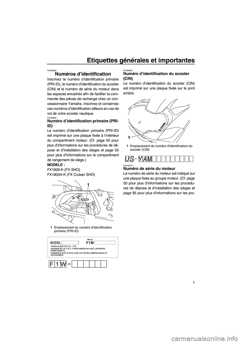 YAMAHA SVHO 2011  Notices Demploi (in French) Etiquettes générales et importantes
1
FJU36450
Numéros d’identification 
Inscrivez le numéro d’identification primaire
(PRI-ID), le numéro d’identification du scooter
(CIN) et le numéro de