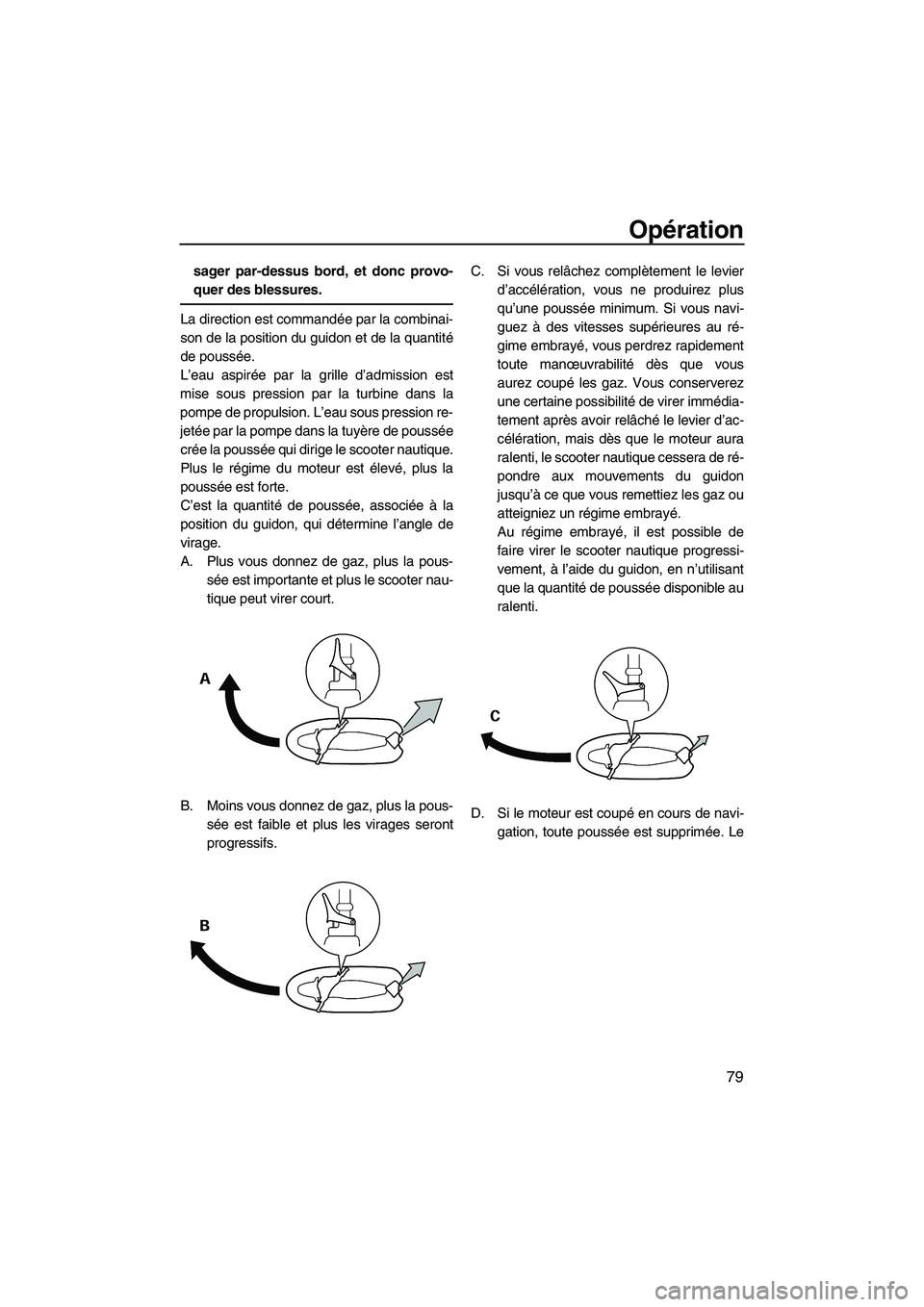YAMAHA SVHO 2011  Notices Demploi (in French) Opération
79
sager par-dessus bord, et donc provo-
quer des blessures.
La direction est commandée par la combinai-
son de la position du guidon et de la quantité
de poussée.
L’eau aspirée par l