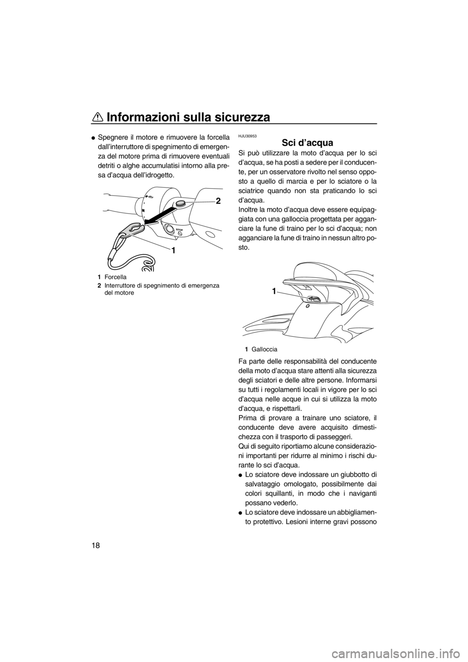YAMAHA SVHO 2011  Manuale duso (in Italian) Informazioni sulla sicurezza
18
Spegnere il motore e rimuovere la forcella
dall’interruttore di spegnimento di emergen-
za del motore prima di rimuovere eventuali
detriti o alghe accumulatisi intor