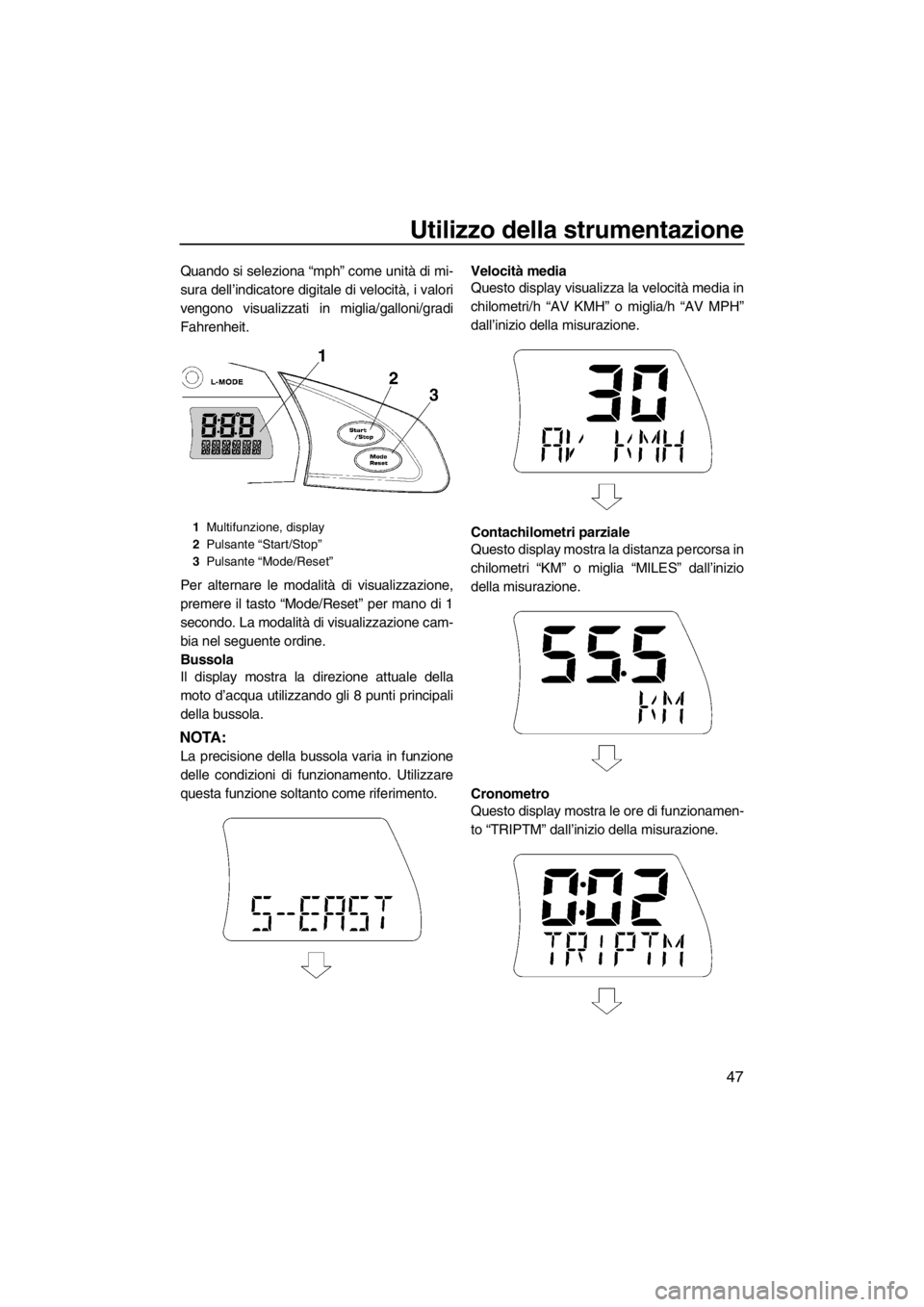 YAMAHA SVHO 2011 Manuale duso (in Italian) Utilizzo della strumentazione
47
Quando si seleziona “mph” come unità di mi-
sura dell’indicatore digitale di velocità, i valori
vengono visualizzati in miglia/galloni/gradi
Fahrenheit.
Per al YAMAHA SVHO 2011 Manuale duso (in Italian) Utilizzo della strumentazione
47
Quando si seleziona “mph” come unità di mi-
sura dell’indicatore digitale di velocità, i valori
vengono visualizzati in miglia/galloni/gradi
Fahrenheit.
Per al