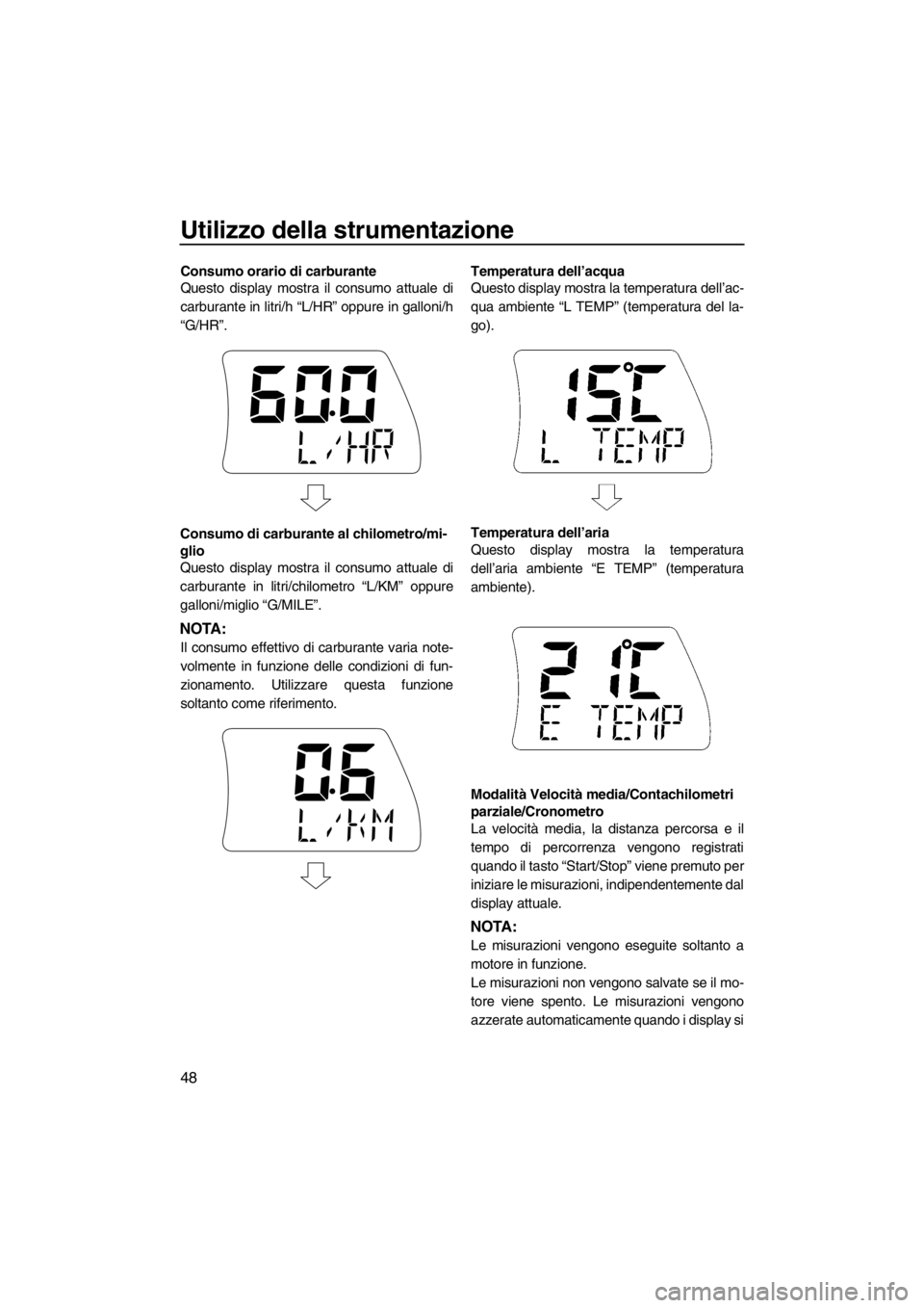 YAMAHA SVHO 2011 Manuale duso (in Italian) Utilizzo della strumentazione
48
Consumo orario di carburante
Questo display mostra il consumo attuale di
carburante in litri/h “L/HR” oppure in galloni/h
“G/HR”.
Consumo di carburante al chil YAMAHA SVHO 2011 Manuale duso (in Italian) Utilizzo della strumentazione
48
Consumo orario di carburante
Questo display mostra il consumo attuale di
carburante in litri/h “L/HR” oppure in galloni/h
“G/HR”.
Consumo di carburante al chil