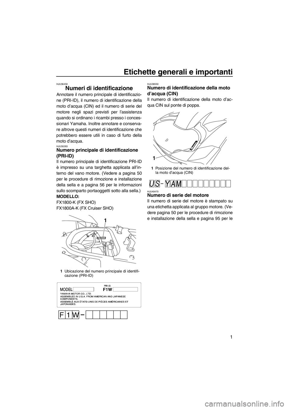 YAMAHA SVHO 2011  Manuale duso (in Italian) Etichette generali e importanti
1
HJU36450
Numeri di identificazione 
Annotare il numero principale di identificazio-
ne (PRI-ID), il numero di identificazione della
moto d’acqua (CIN) ed il numero 