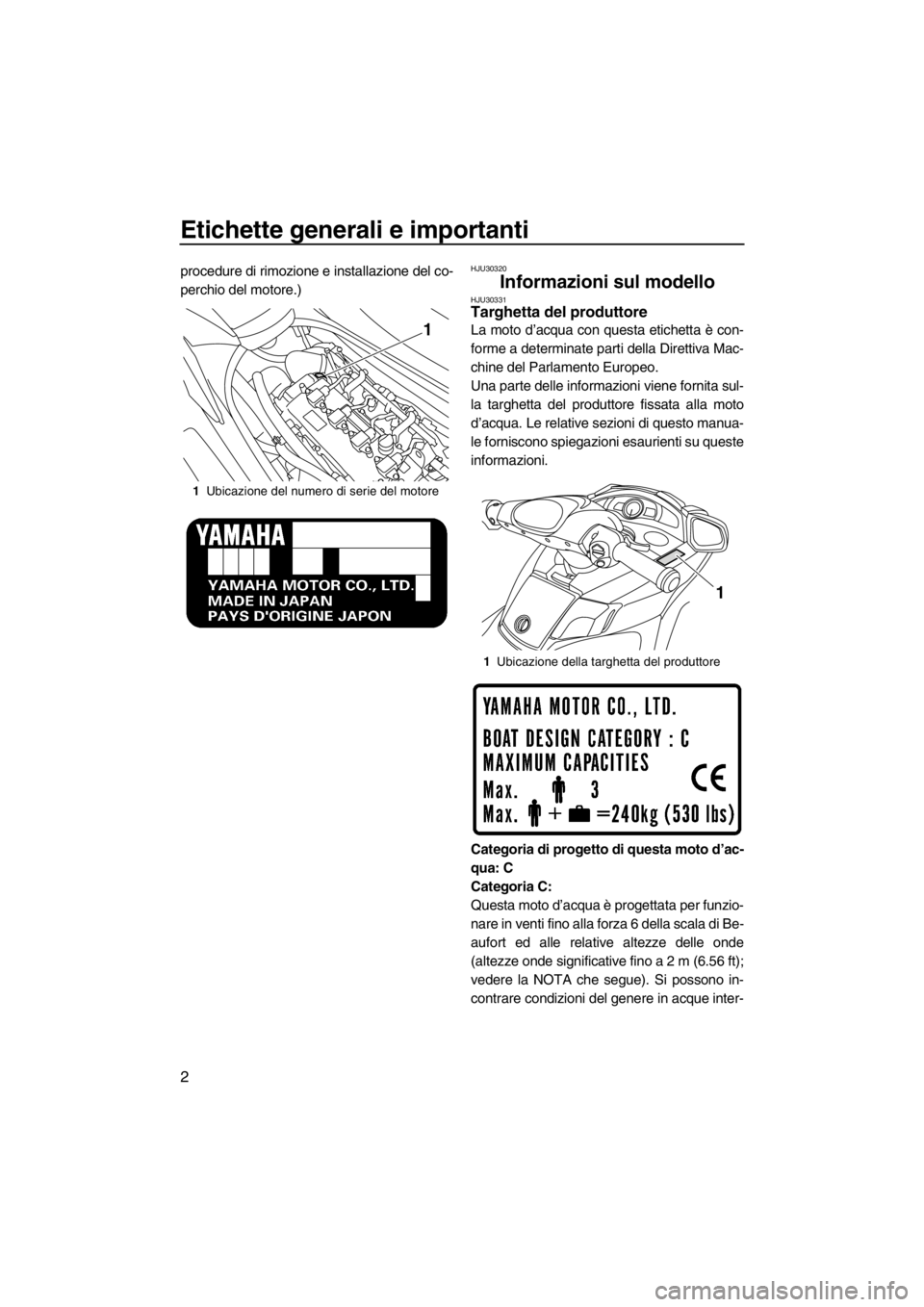 YAMAHA SVHO 2011  Manuale duso (in Italian) Etichette generali e importanti
2
procedure di rimozione e installazione del co-
perchio del motore.)HJU30320
Informazioni sul modello HJU30331Targhetta del produttore 
La moto d’acqua con questa et