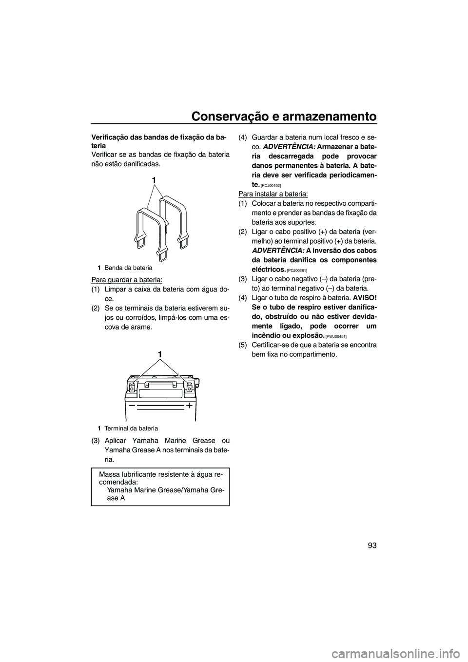 YAMAHA SVHO 2011  Manual de utilização (in Portuguese) Conservação e armazenamento
93
Verificação das bandas de fixação da ba-
teria
Verificar se as bandas de fixação da bateria
não estão danificadas.
Para guardar a bateria:
(1) Limpar a caixa d