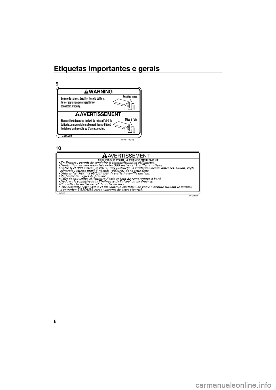 YAMAHA SVHO 2011  Manual de utilização (in Portuguese) Etiquetas importantes e gerais
8
UF1W73P0.book  Page 8  Wednesday, June 16, 2010  7:15 PM 