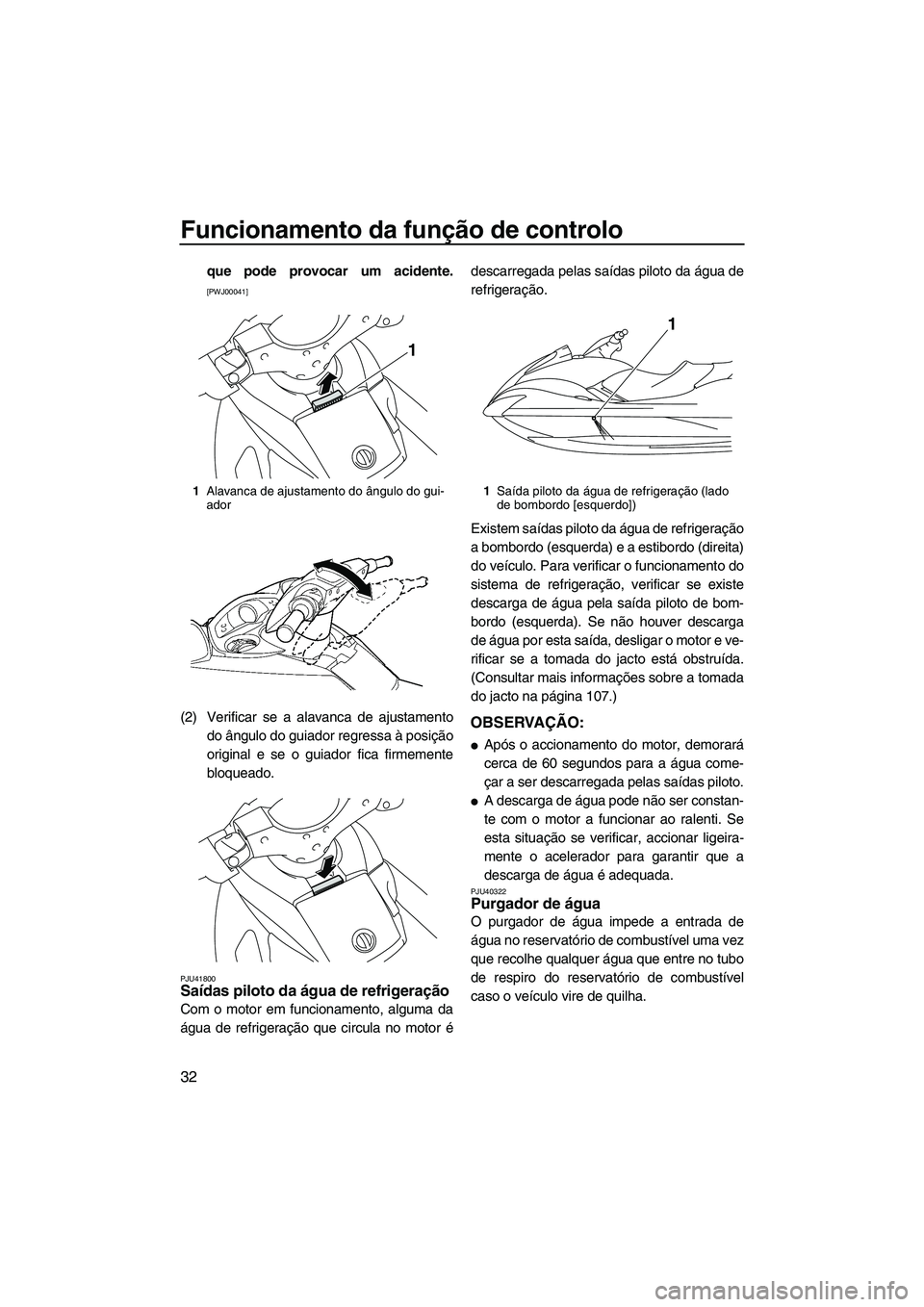 YAMAHA SVHO 2011  Manual de utilização (in Portuguese) Funcionamento da função de controlo
32
que pode provocar um acidente.
[PWJ00041]
(2) Verificar se a alavanca de ajustamento
do ângulo do guiador regressa à posição
original e se o guiador fica f