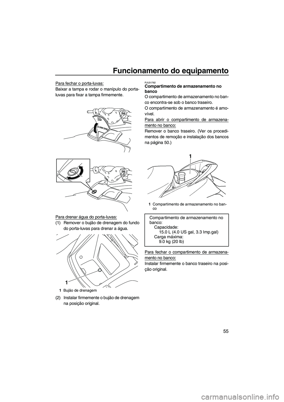 YAMAHA SVHO 2011  Manual de utilização (in Portuguese) Funcionamento do equipamento
55
Para fechar o porta-luvas:
Baixar a tampa e rodar o manípulo do porta-
luvas para fixar a tampa firmemente.
Para drenar água do porta-luvas:
(1) Remover o bujão de d