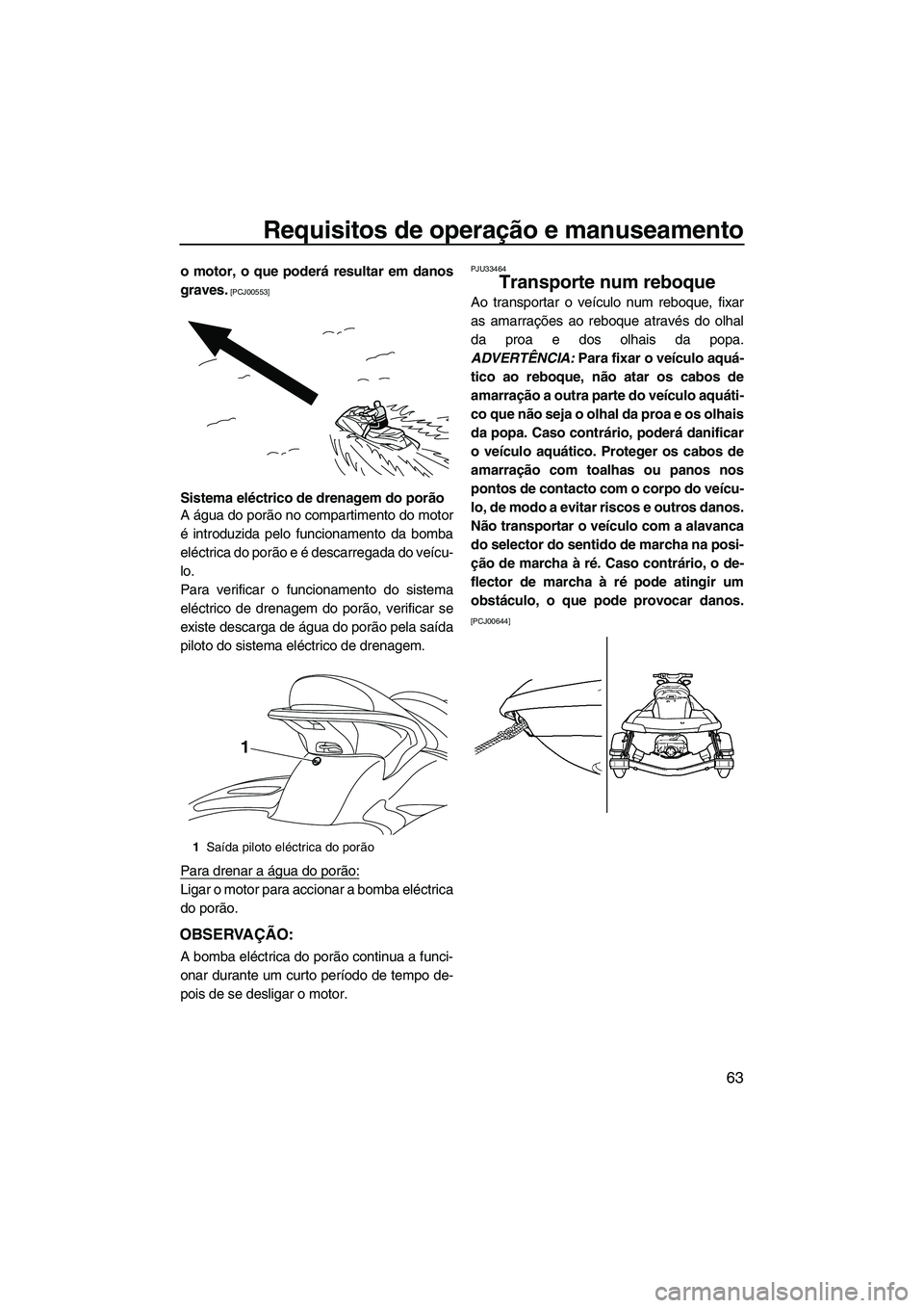 YAMAHA SVHO 2011  Manual de utilização (in Portuguese) Requisitos de operação e manuseamento
63
o motor, o que poderá resultar em danos
graves.
 [PCJ00553]
Sistema eléctrico de drenagem do porão
A água do porão no compartimento do motor
é introduz