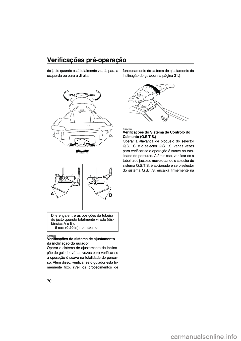 YAMAHA SVHO 2011 Manual de utilização (in Portuguese) Verificações pré-operação
70
do jacto quando está totalmente virada para a
esquerda ou para a direita.
PJU40362Verificações do sistema de ajustamento
da inclinação do guiador
Operar o sist YAMAHA SVHO 2011 Manual de utilização (in Portuguese) Verificações pré-operação
70
do jacto quando está totalmente virada para a
esquerda ou para a direita.
PJU40362Verificações do sistema de ajustamento
da inclinação do guiador
Operar o sist