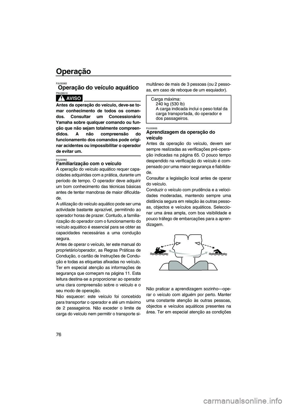 YAMAHA SVHO 2011 Manual de utilização (in Portuguese) Operação
76
PJU32902
Operação do veículo aquático
AV I S O
PWJ00510
Antes da operação do veículo, deve-se to-
mar conhecimento de todos os coman-
dos. Consultar um Concessionário
Yamaha sob YAMAHA SVHO 2011 Manual de utilização (in Portuguese) Operação
76
PJU32902
Operação do veículo aquático
AV I S O
PWJ00510
Antes da operação do veículo, deve-se to-
mar conhecimento de todos os coman-
dos. Consultar um Concessionário
Yamaha sob