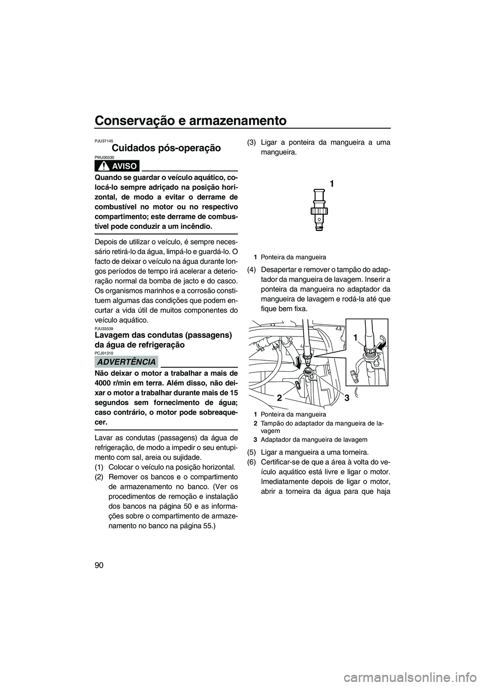 YAMAHA SVHO 2011  Manual de utilização (in Portuguese) Conservação e armazenamento
90
PJU37145
Cuidados pós-operação 
AV I S O
PWJ00330
Quando se guardar o veículo aquático, co-
locá-lo sempre adriçado na posição hori-
zontal, de modo a evitar 