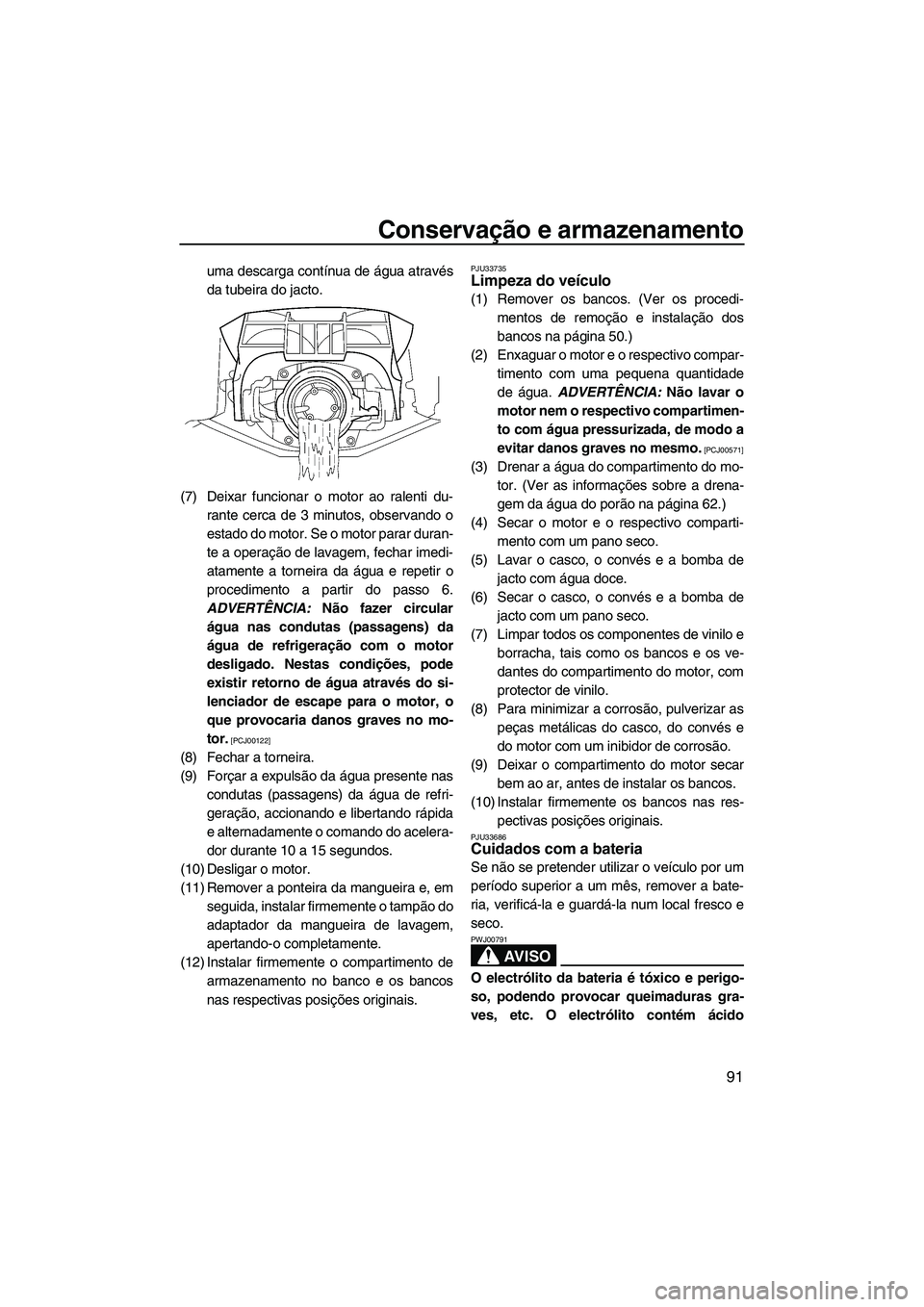 YAMAHA SVHO 2011  Manual de utilização (in Portuguese) Conservação e armazenamento
91
uma descarga contínua de água através
da tubeira do jacto.
(7) Deixar funcionar o motor ao ralenti du-
rante cerca de 3 minutos, observando o
estado do motor. Se o 