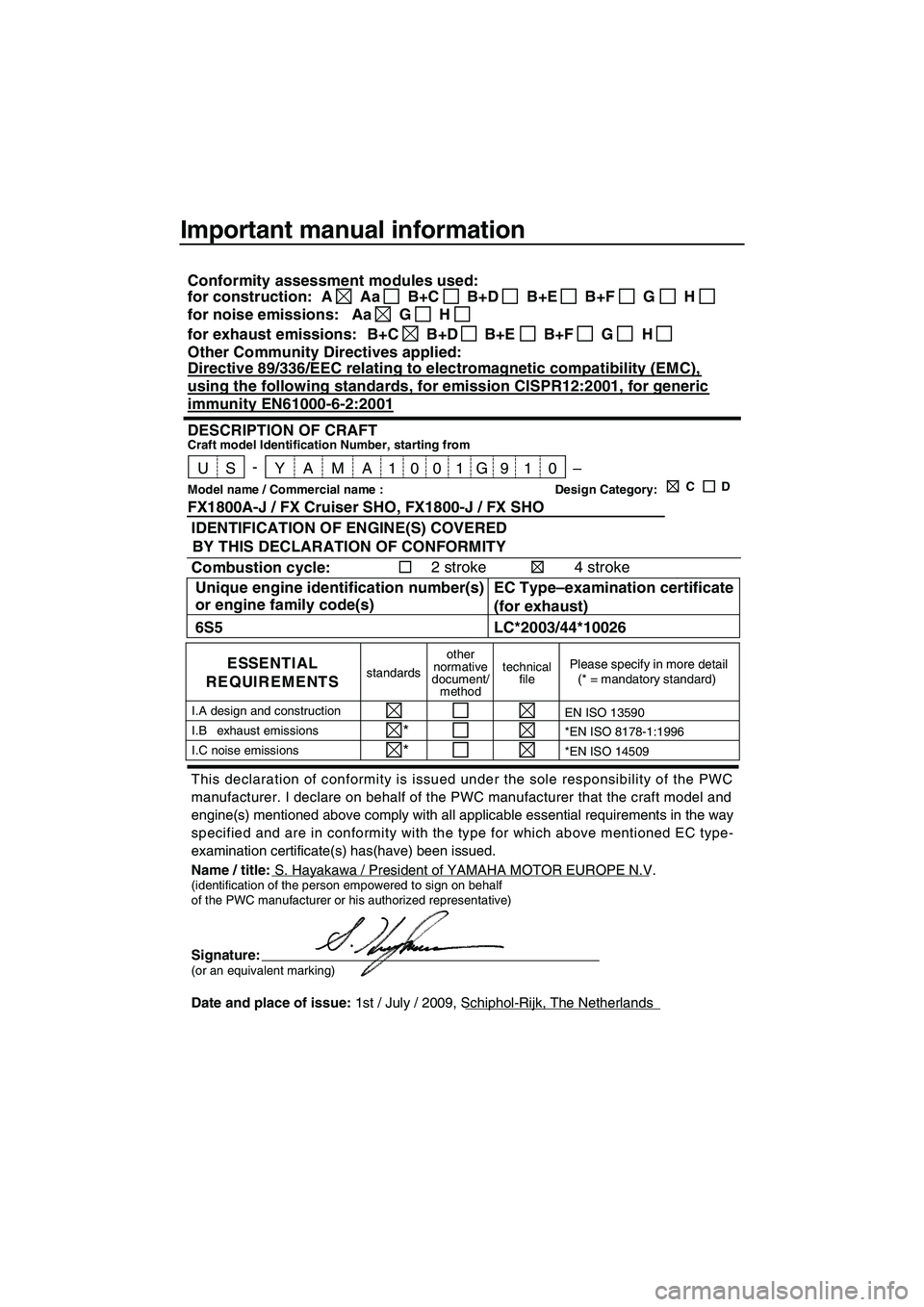 YAMAHA FX SHO 2010 Owners Manual Important manual information
This declaration of conformity is issued under the sole responsibility of the PWC
manufacturer. I declare on behalf of the PWC manufacturer that the craft model and
engine YAMAHA FX SHO 2010 Owners Manual Important manual information
This declaration of conformity is issued under the sole responsibility of the PWC
manufacturer. I declare on behalf of the PWC manufacturer that the craft model and
engine